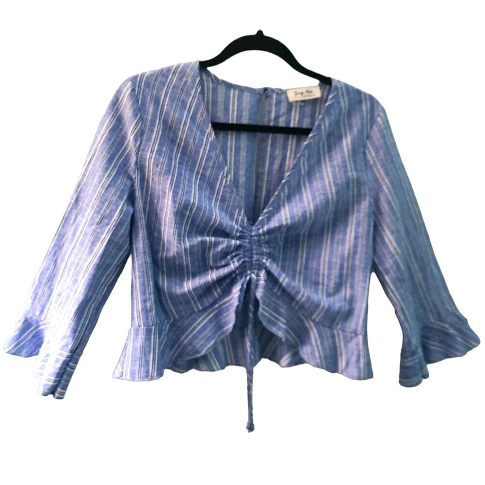 Spring Haze Womens Sz L Blue White Linen Blend Ruffle Pull String Top
